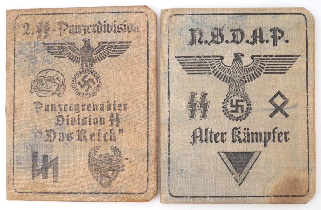 WWII GERMAN THIRD REICH AUSWISES ID BOOK LOT OF 2: Lot of 2 WWII German ausweises. Waffen SS Panzergrenadier Division "Das Reich", Karl Schmidt. NSDAP Membership Alter Kampfer (Old Fighter) Rudolf Gohm. Both have photographs and are in very good condi