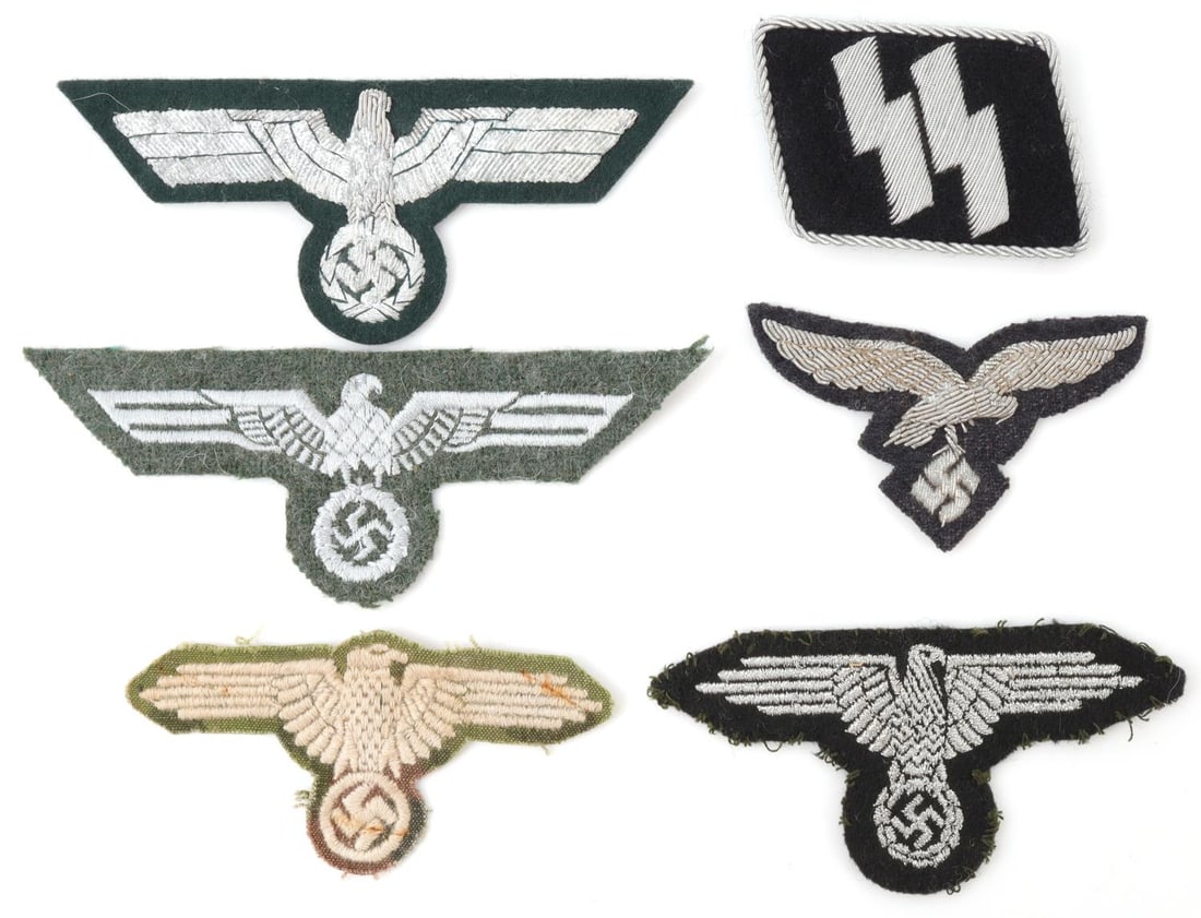 6 WWII GERMAN REICH LUFTWAFFE & HEER BREAST EAGLES: Lot of six (6) WWII German Reich breast eagle patches including two Waffen SS Officer's sleeve eagles, two German Army Heer Officer's breast eagles, a Luftwaffe bullion cap eagle, and lastly a SS Offi