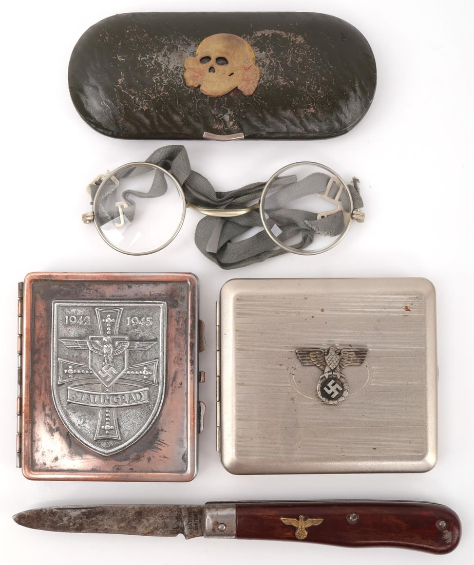 WWII GERMAN LUFTWAFFE KNIFE EYEGLAS CIGARETTE CASE: Lot has 2 cigarette cases, NSDAP knife and eyeglass case with eye glasses. Cigarette case with 1942-19454 Stalingrad shield. Stamped SS and RMZ on the inner holder. Eye glasses lenses are not scratche