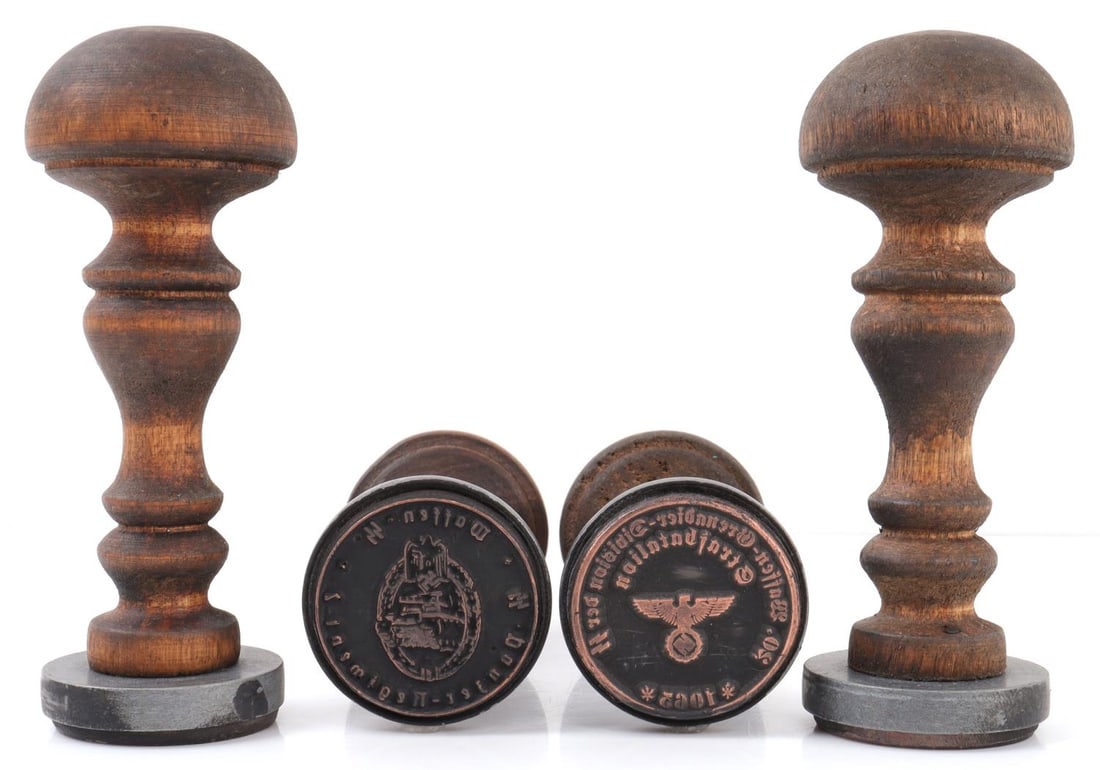 WWII GERMAN THIRD REICH SS HAND STAMP LOT OF 4: WWII German hand stamp lot. Waffen SS Panzer Regiment, Luftwaffe, Waffen SS Panzer Grenadier Division, Oberkommando der Luftwaffe. All in very good condition. Unauthenticated and sold as is.