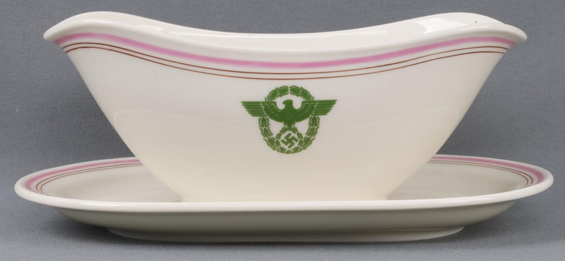 WWII GERMAN THIRD REICH POLICE GRAVY BOWL: Third Reich gravy bowl. Police insignia monogrammed. Bottom marked C & T Tielsch Altwasser Germany. Very good condition. Measures 8.5 inches.