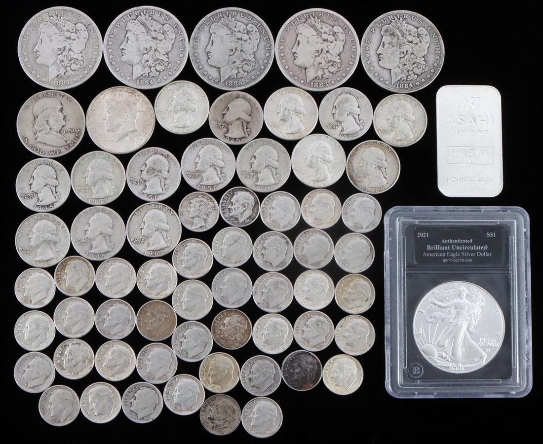 COIN COLLECTION BAR SILVER EAGLE 90% COINS DOLLARS: Includes five (5) pre-1900 Morgan silver dollars. Asahi 1 OZT silver bar, 2021 American eagle, and $9.00 in 90% silver U.S. coins This lot has a reserve.