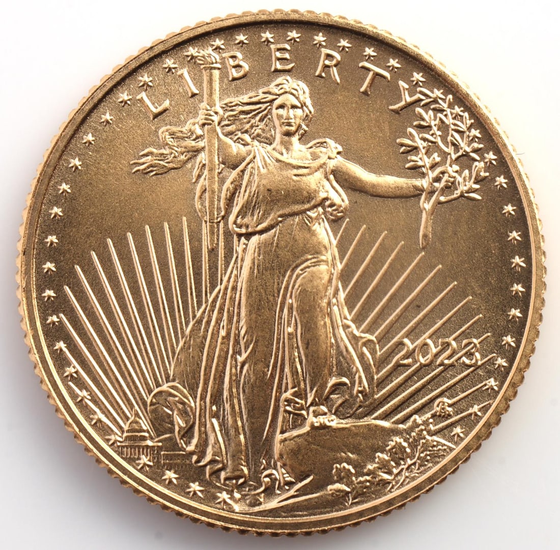 2023 GOLD 1/10 OZT AMERICAN EAGLE COIN BU: Brilliant uncirculated. This lot has a reserve.