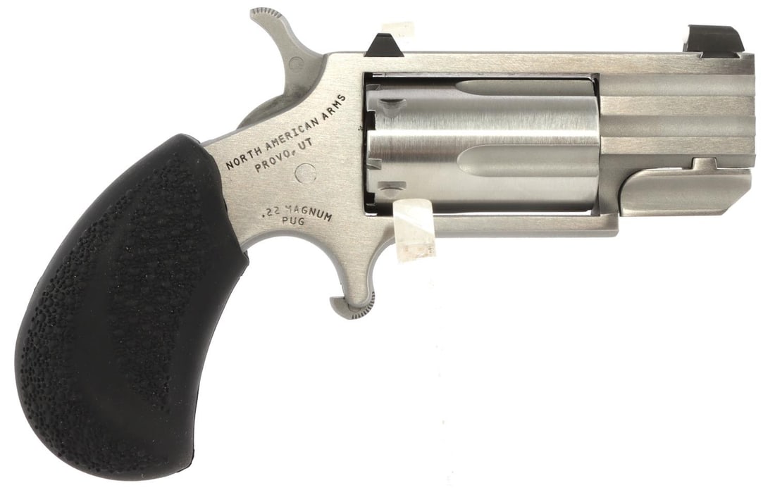 NORTH AMERICAN ARMS WHITE PUG .22M SA REVOLVER NIB: New in box. Model #NAA-PUG-D. UPC:744253001871. Comes with hard carrying case and owner's manual. FFL required for transfer. No international shipping. Know your state laws before bidding. Caliber: .2