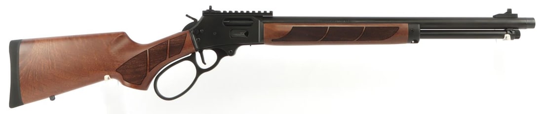 SMITH & WESSON MODEL 1854 45LC WOOD BLK RIFLE NIB: Smith & Wesson Model 1854 45 LC Walnut Stock with textured grip panels. Walnut Forend with textured grip panels Gold bead front sight. Accepts mounts compatible with Marlin? 1894 hole patterns and Lar