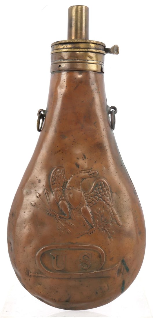 1832 DATED U.S. R. DINGEE POWDER FLASK: Very good original condition. 1832 R. Dingee stamped top. Light denting. This lot has a reserve.