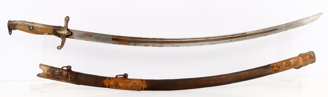ANTIQUE KOREAN SWORD DECORATED ENGRAVED SABRE: Good condition with even patina throughout. Curved Eastern sword. Single-edged blade with fuller. Fine engraved copper or brass fittings. Blade has sharp edge and partial surface oxidation. Iron scabb
