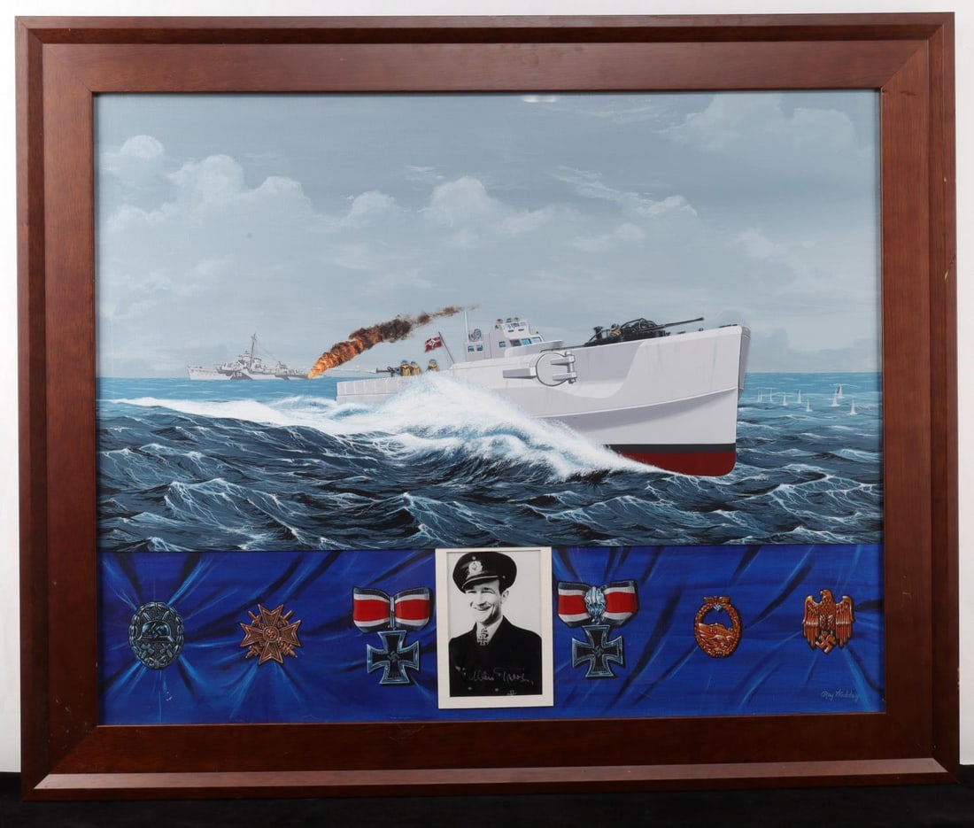 RAY WADDEY WWII E-BOAT KLAUS FELDT AUTOGRAPHED: Raymond Waddey. Acrylic on plexiglass and canvas. Depicts German Third Reich Kriegsmarine Captain Klaus Feldt's Schnellboot S30 in combat. Below, a signed portrait photograph of Feldt flanked by his c