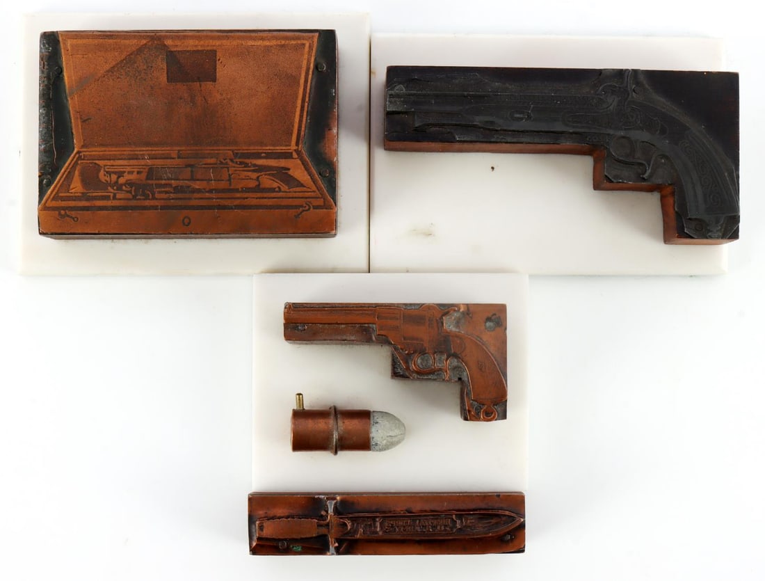 ANTIQUE PRINTING PLATES DERRINGER BOWIE & MORE: Wood printing blocks with copper top. Designs are US Army Hospital Corps bowie knife, percussion derringer, pinfire revolver and dueling set. They measure 2 5/16 - 3 7/8 inches. Very good condition.