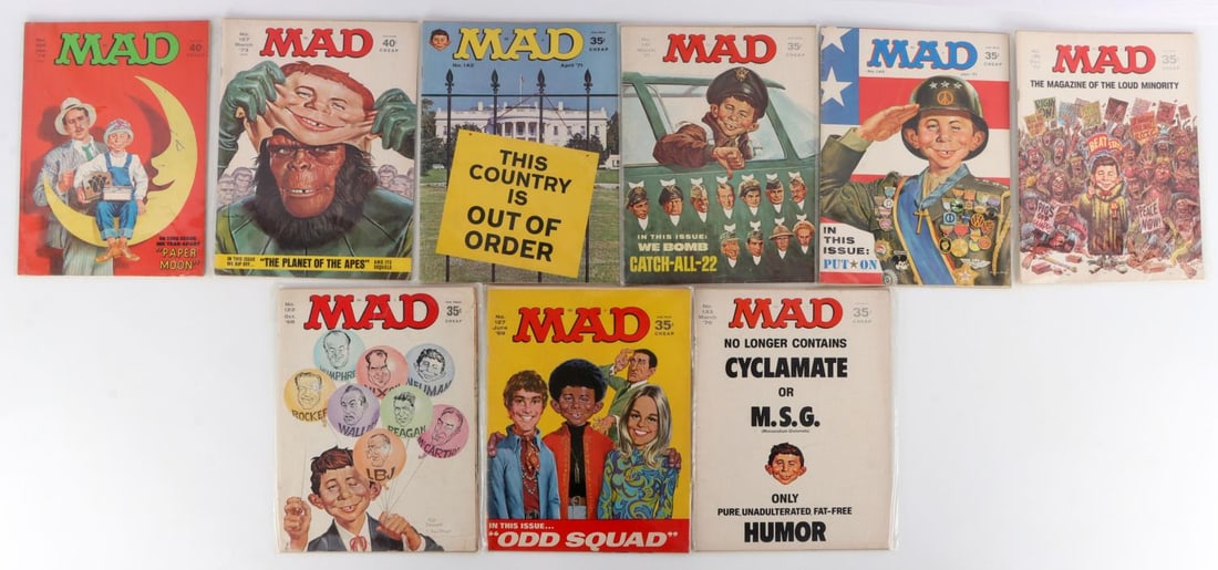 LOT OF 9 VINTAGE LATE 60S & EARLY 70S MAD MAGAZINE: Lot of nine (9) Mad Magazine issues from 1968 to 1974. Each issue is 8 X 10.75 inches and in very good condition.