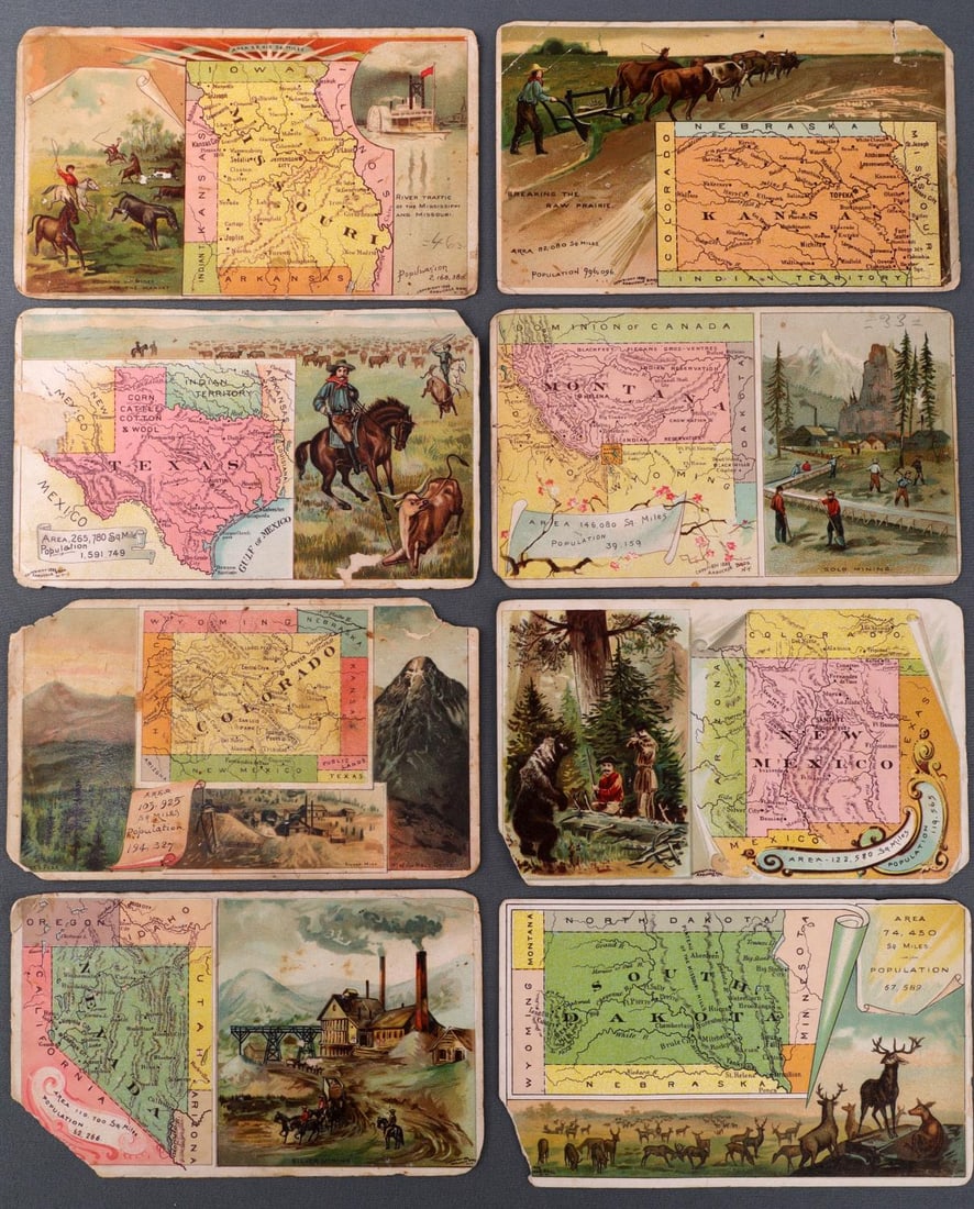 LOT OF 8 1889 ARBUCKLES ARIOSA COFFEE TRADE CARDS: Lot of eight (8) Arbuckles' Ariosa Coffee lithograph trade cards. Includes: #66 Texas, #79 Montana, #82 South Dakota, #83 Missouri, #84 Kansas, #89 Nevada, #95 New Mexico, #97 Colorado. Good condition