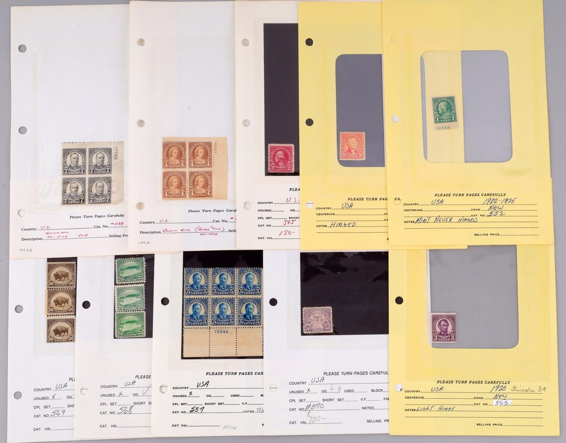 U.S. STAMP LOT SCOTT'S 588 595 585 569 570 568 561: Also not listed in lead Scott's #557 block of 6 unused, #555 new light hinge, and 552 new mint, # 561 new hinged, 568 unused OG, 570 new hinged OG, 569 unused OG, 585 block repaired, 595 used, 588 blo