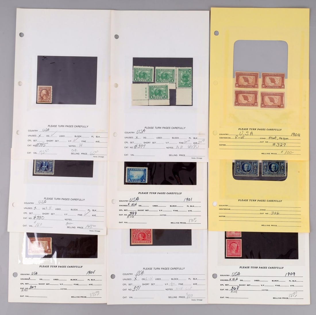 U.S STAMPS SCOTT'S 326 327 330 368 371 397 395 399: Scott's 399 mint NH, 395 unused H, 397 mint NH OG, 371 Mint OG H, 368 mint NH, 330 mint OG H, 327 mint OG NH, 327 Mint no gum, 326 hinged. This lot has a reserve.