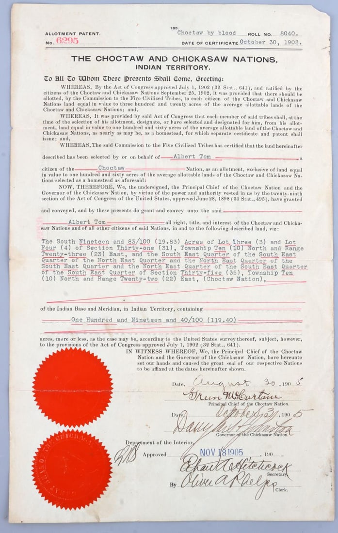 CHOCTAW & CHICKASAW ALLOTMENT PATENT: Land allotment for the Choktaw and Chickasaw nations. Dated November 18, 1905 for Albert Tom, granting him 119.40 acres. Signed by Choctaw Principal Chief Greenwood McCurtain (signed as 'Green' McCurt