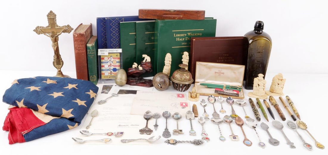 LARGE GENERAL ANTIQUE LOT DUCK STAMPS PENS FIGURES: Includes antique bone figurines, 1938 and 1944 duck stamps, neither hinged rare, Mickey Mantle jersey card, wood level, 1876 Edgar A. Poe, Political works, Variety of writing pens, Egg bank with key,