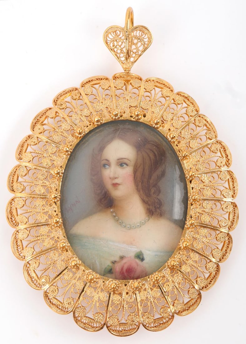 MINIATURE PAINTING WITH GILT SILVER FRAME: Miniature painting of a young woman in 800 marked gilt silver frame. Silver tested as well. Portrait is signed 'Lynn.' Total piece is 2.2 X 2.5 inches in diameter. Portrait is 1 X 1.5 inches. Very goo