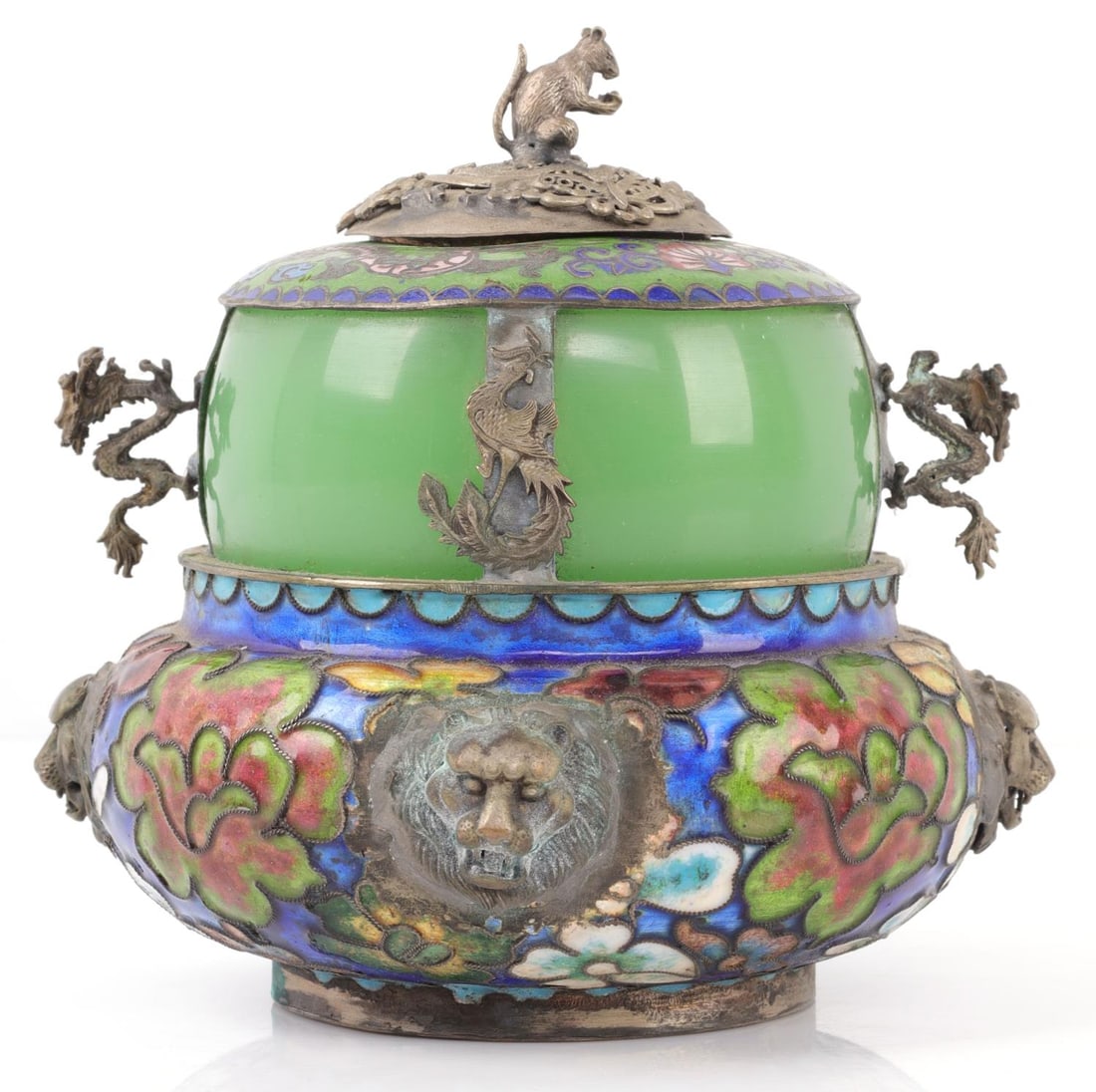 ANTIQUE ASIAN CLOISONNE ENAMEL POT DRAGON RAT: Animal decorated, well-crafted pot, has some enamel loss to a couple of the flowers next to lion head, stands 5 inches.