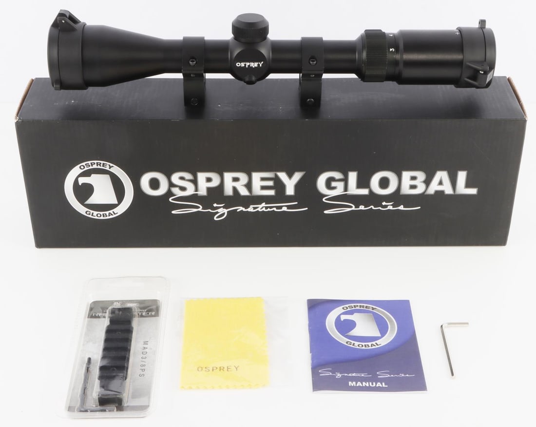 OSPREY RIFLE SCOPE SD 3 9X40 SIGNATURE SERIES NIB: Ospreys 3-9 Signature Series. Features: Fog Proof, Water Proof, Shock Proof, Mil-Dot Glass Reticle,Lifetime Warranty, Magnification: 3-9, Objective: 40 mm.