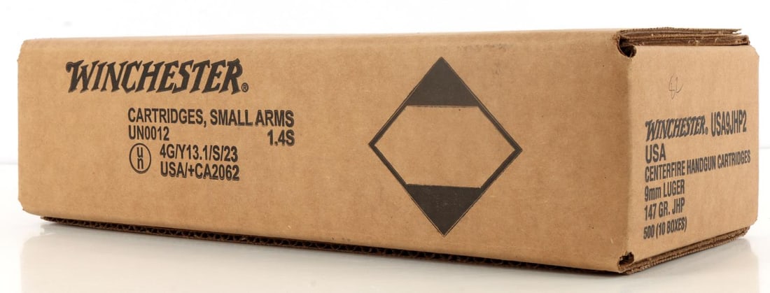 WINCHESTER 9MM LUGER 147 GR JHP 500 ROUNDS: Winchester Centerfire 9mm Luger 147 grain JHP. 10 boxes of 50 rounds for a total of 500 rounds. No international shipping. Know your states laws before bidding.