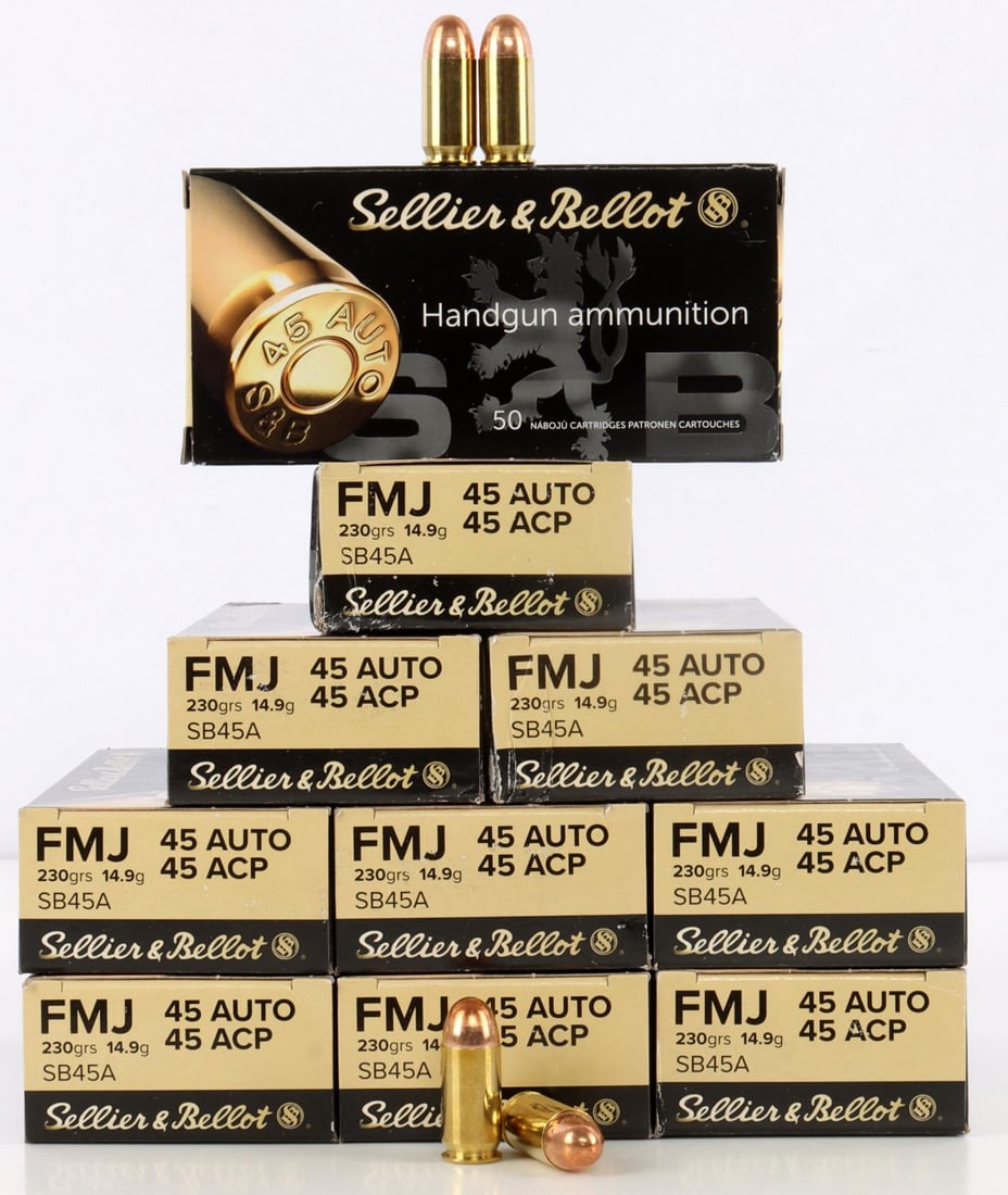 SELLIER & BELLOT 45 ACP 230 GR AMMUNITION 500 RDS: Sellier & Bellot 45 AUTO ACP 230 grain FMJ ammunition. Ten (10) boxes with fifty (50) rounds per box for a total of 500 rounds. No international shipping.