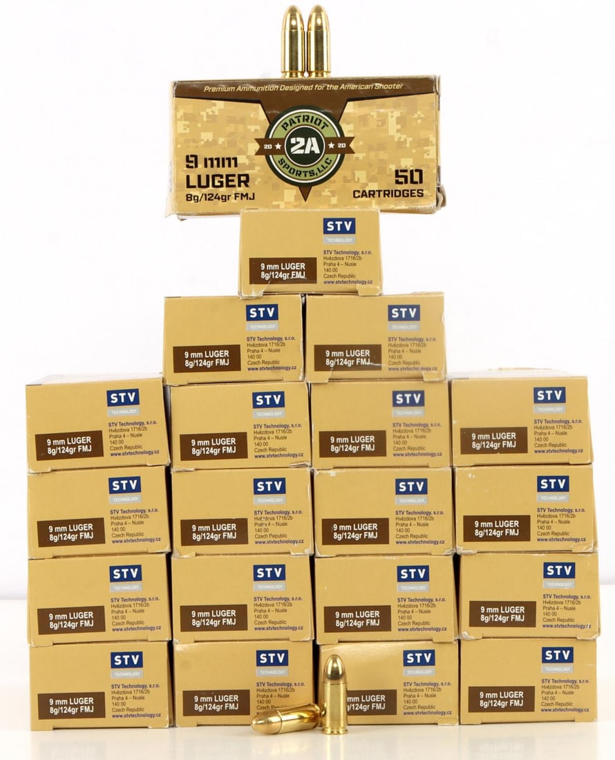1000 ROUNDS OF 2A PATRIOT 9MM LUGER 124 GR FMJ: Comes in twenty (20) boxes of fifty (50) rounds each of 2A Patriot Sports, 9mm Luger, 124 grain, full metal jacket ammunition. No international shipping.
