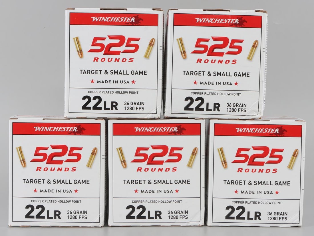WINCHESTER 22 LR 36 GR HOLLOW POINT AMMO 2625 RDS: Winchester Target & Small Game 22 LR 36 grain Copper Plated Hollow Point ammunition. 5 Boxes, 525 rounds per box for a total of 2625 rounds. No international shipping.