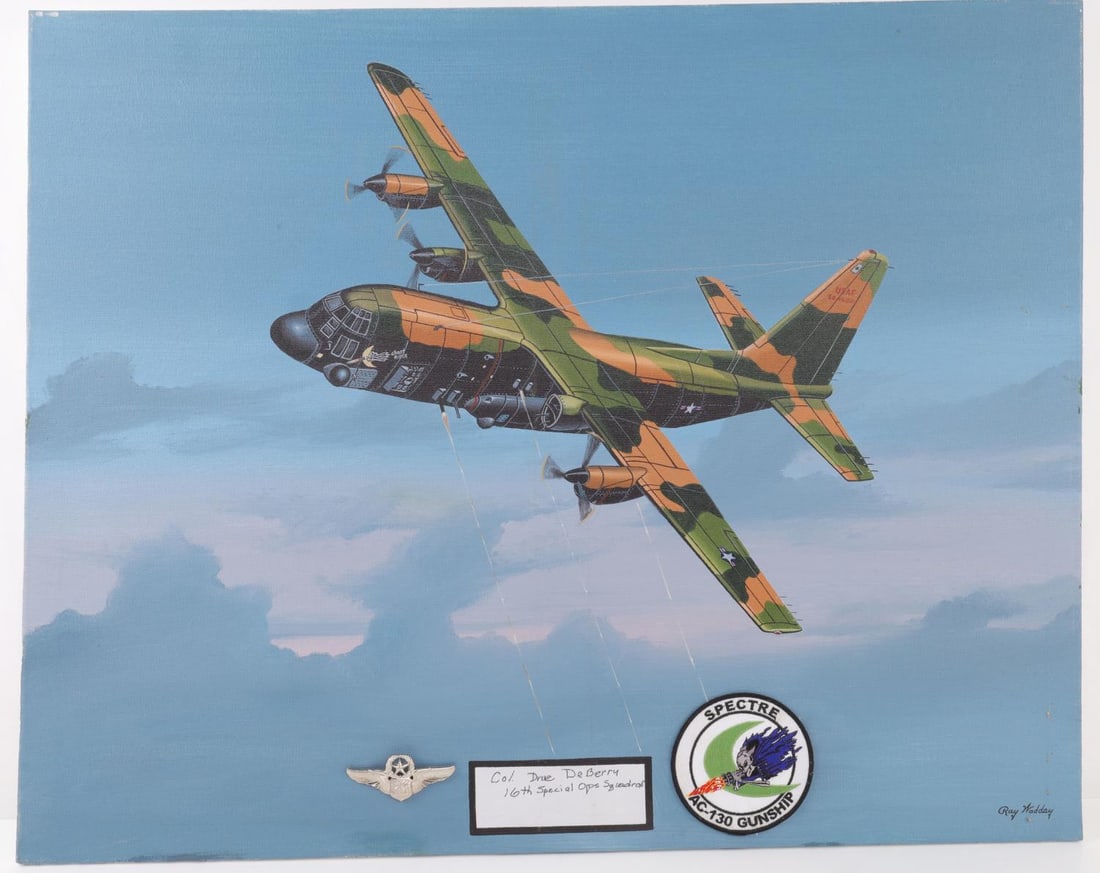 SIGNED RAY WADDEY OIL PAINTING AC 130 ON CANVAS: Ray Waddey original oil panting on canvas. AC-130 Gunship in action, piloted by Col. Drue De Berry 16th Special Ops Squadron. This painting also has the Spectre patch and pin attached to the lower cen