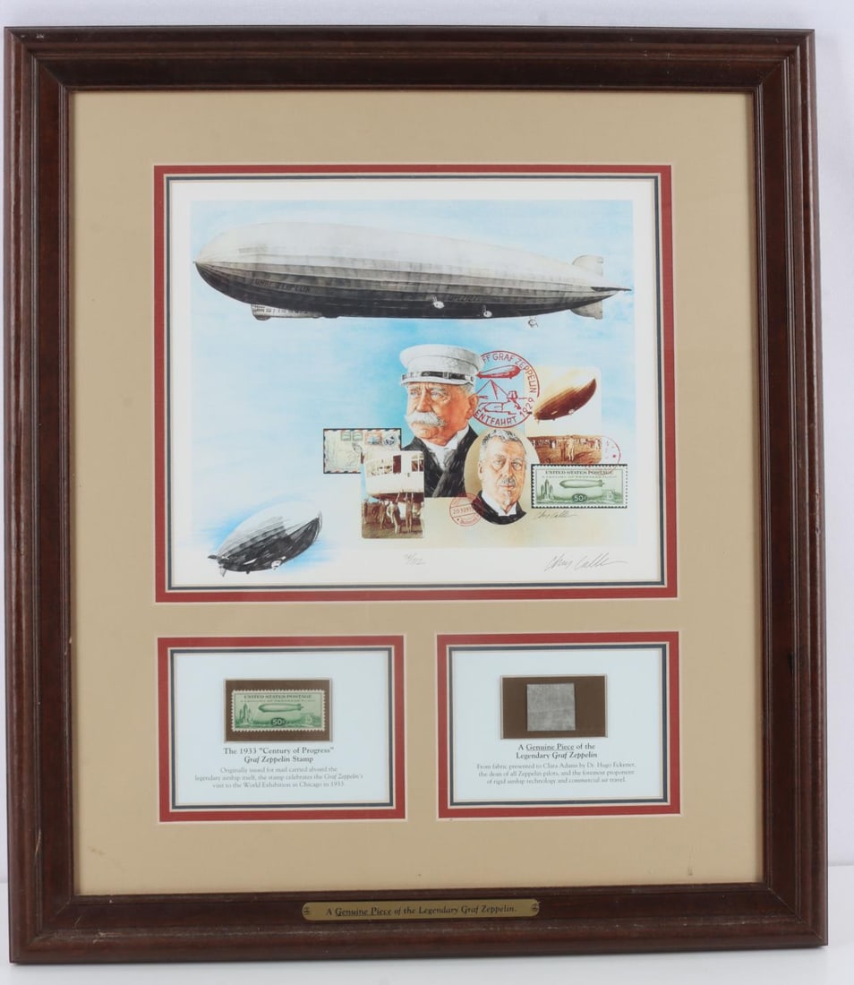 CHRIS CALLE GRAF ZEPPELIN FABRIC RELIC DISPLAY: Framed display includes signed numbered art print "Graf Zeppelin" by Chris Calle, a fragment of Graf Zeppelin's outer skin from the estate of Clara Adams, and a 1933 "Century of Progress" Graf Zeppeli