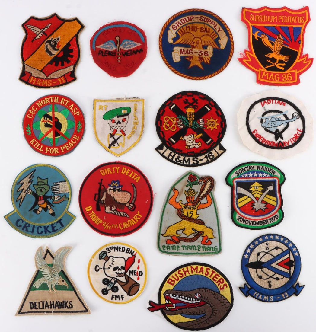 US MILITARY LOT OF 25 VIETNAM ERA SLEEVE PATCHES: Lot of 25 Vietnam War era sleeve patches. Largest is 5 X 5 inches, most are slightly smaller. Very good, original condition.