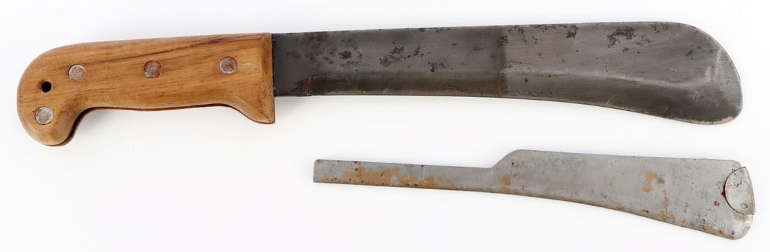 WWII CASE XX PILOT SURVIVAL MACHETE & BLADE COVER: Blade stamped "Case XX." Includes blade cover. Measures 15.25 inches overall length. Good original condition. Areas of pitting and oxidation on blade.