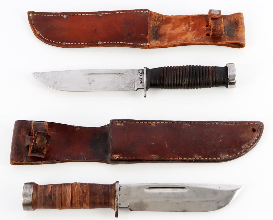 WWII KNIFE CASE XX 337-6 & CATTARAUGUS 225Q LOT 2: Lot of two (2) WWII knives with leather scabbards. Case XX 337-6"Q and Cattaraugus 225Q. Both have bright, 6-inch fixed blades and textured pommels. Good condition, without play or looseness.