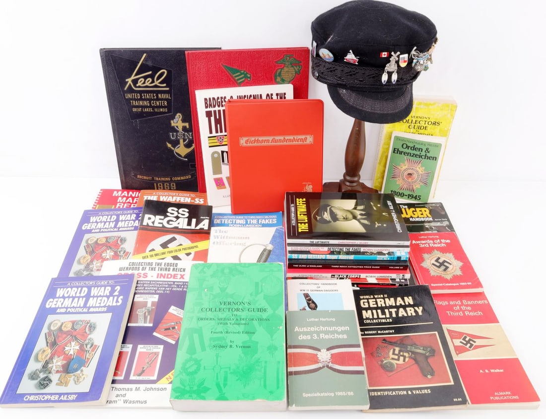 VARIETY WWII THEMED GERMAN COLLECTOR GUIDE BOOKS: Guides for collecting orders and decorations, badges, patches, daggers, and many more. Very good condition. Vintage texts.
