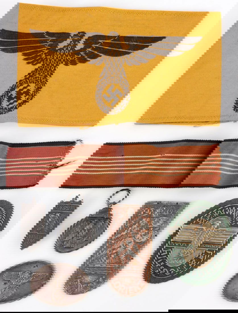 LOT OF WWII GERMAN POLICE TAG SLEEVE SHIELD: Lot features police tag, sleeve shield, Wehrmacht armband and more. Very good post-war productions.