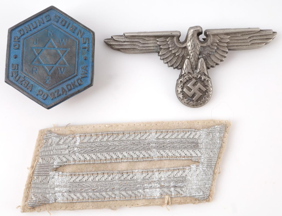 WWII GERMAN JEWISH POLICE PIN REICHSADLER & PATCH: Jewish pin marked SS RZM 215/41 (1 3/8 inches). Reichsadler pin in zinc marked SS 475/39 (2 5/8 inches). Very good condition. Unauthenticated, sold as is.