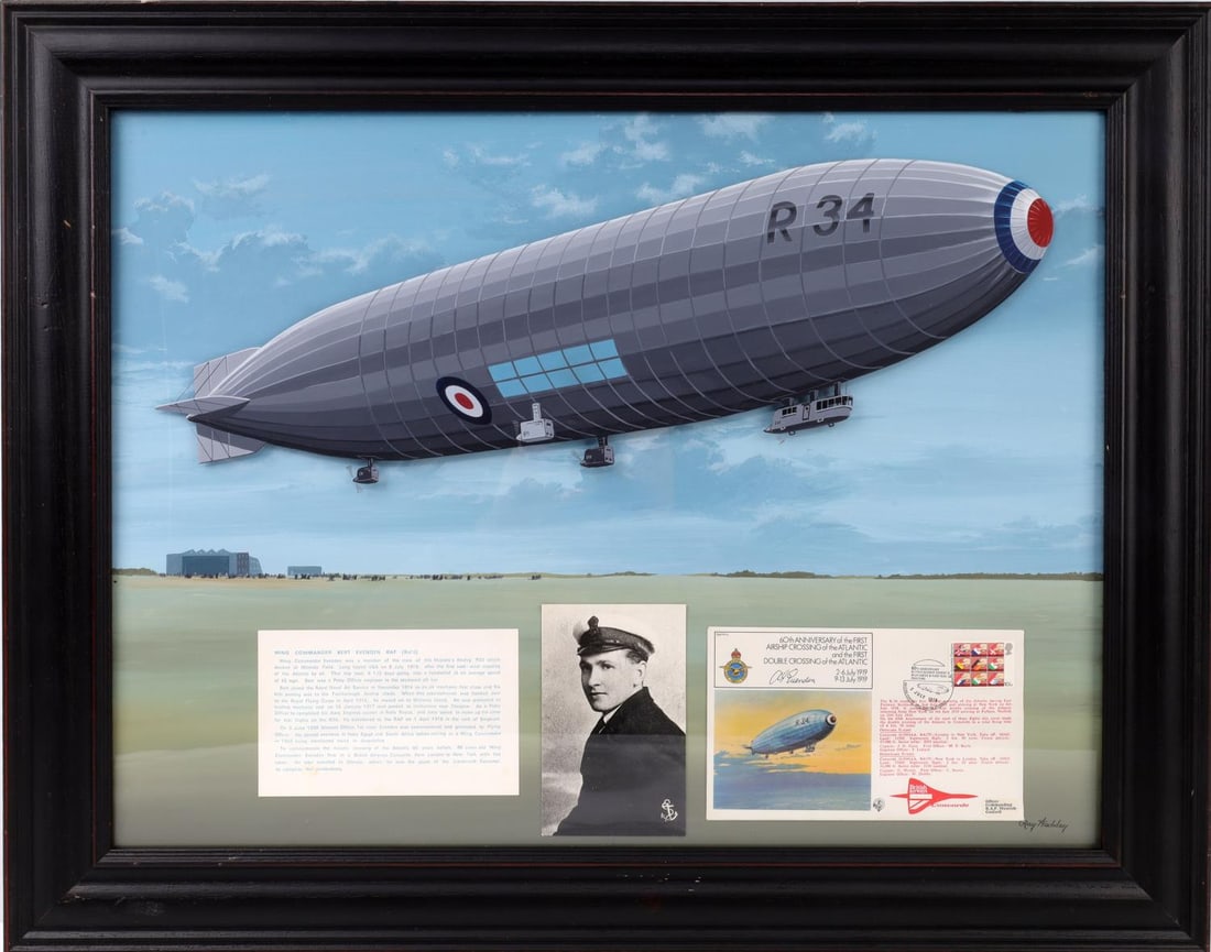 RAY WADDEY OIL PAINTING HMAS R34 WING CDR EVENDEN: Ray Haddey oil on canvas painting with layered plexiglass of the first airship east-west crossing of the Atlantic by . Wing Commander Evenden was a member of the crew of His Majesty's Airship R34 whic