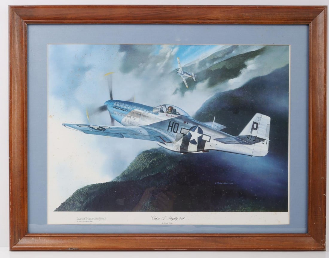 MARK WAKI DIGITAL PAINTING MAJ GEORGE PREEDY USSAF: Mark Waki digital painting of Major George E. Preddy in combat flight over a Bf-109G. WWII American ace credited with 26.83 enemy air-to-air kills ranking him as the top P-51 Mustang ace of WW II and 