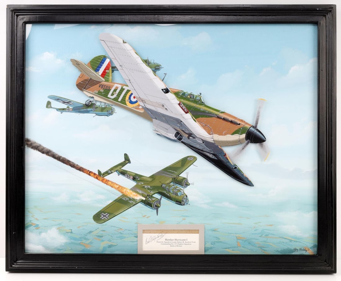 RAY WADDEY OIL PAINTING RAF ACE ROBERT TUCK: Ray Waddey oil on canvas painting with layered plexiglass of RAF Wing Commander Robert Roland Stanford Tuck ace pilot and commanded a Hawker Hurricane 257 squadron 1941?1942. Painting shows him in com