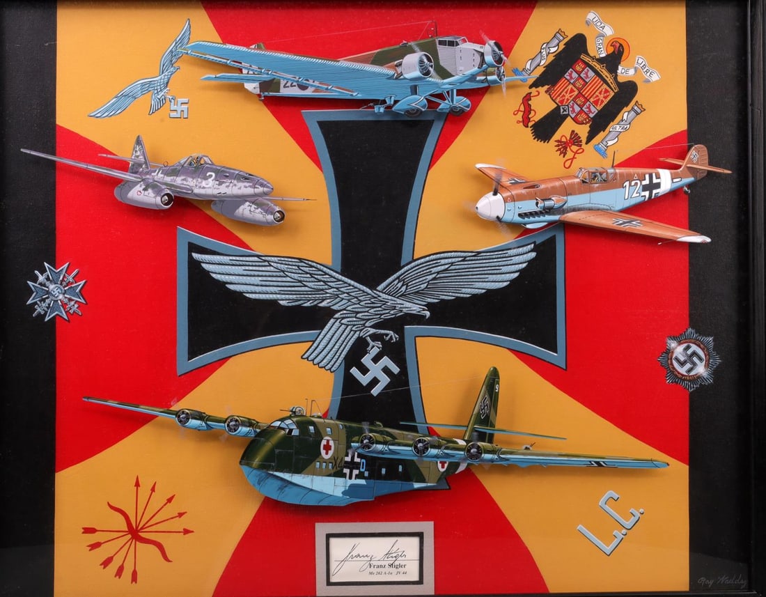FRANZ STIGLER SIGNED RAY WADDEY PAINTING: Painting of a Messerschmitt 262 "Swallow", a Bohm and Voss 222 "Wiking," a Messerschmitt Bf 109, and a Junkers Ju 52 on a clear panel. Behind the panel on a canvas there is a red and yellow field to w
