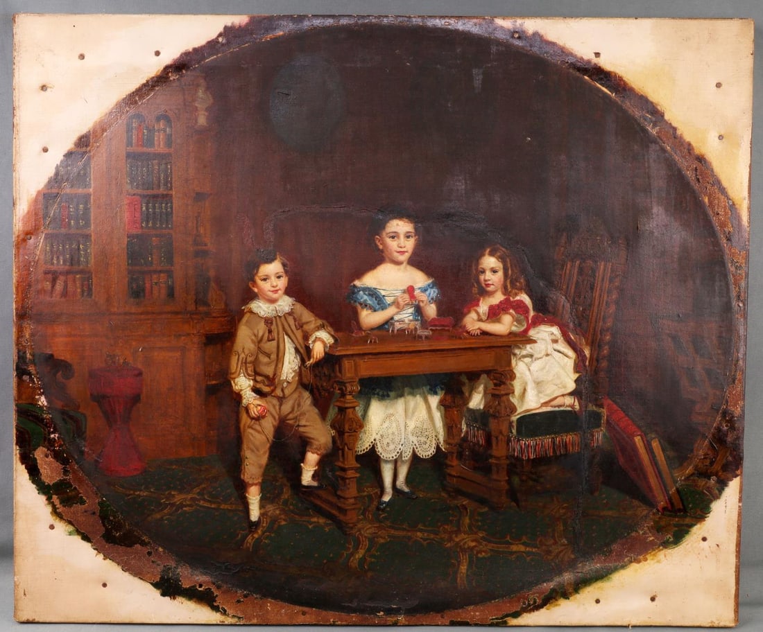 19TH C PORTRAIT OF CHILDREN WITH TOYS APALACHICOLA: Unknown artist, 19th century. Oil on canvas. Portrait of three children in a library or study. In the center, the girl wearing a blue dress holds up a miniature chair. More dollhouse furniture is gath