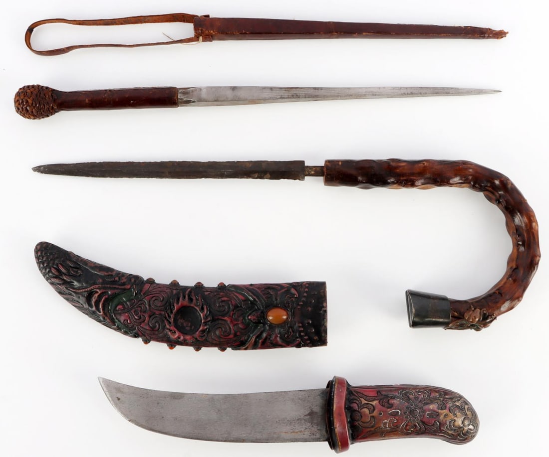 LOT OF 3 EDGED WEAPONS SPIKE CANE DAGGER KNIFE: Cane handle dagger. Carved wood handle with steel blade. Blade length is 8 inches. Does not have the matching cane. Spike dagger with leather scabbard and grip. 4 sided spike is in very good condition