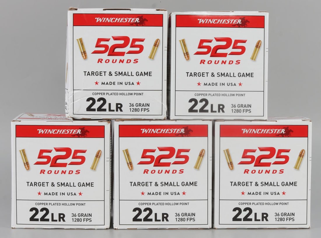 WINCHESTER 22 LR 36 GR HOLLOW POINT AMMO 2625 RDS: Winchester Target & Small Game 22 LR 36 grain Copper Plated Hollow Point ammunition. Five (5) boxes with five hundred twenty five (525) rounds per box for a total of 2625 rounds. No international ship