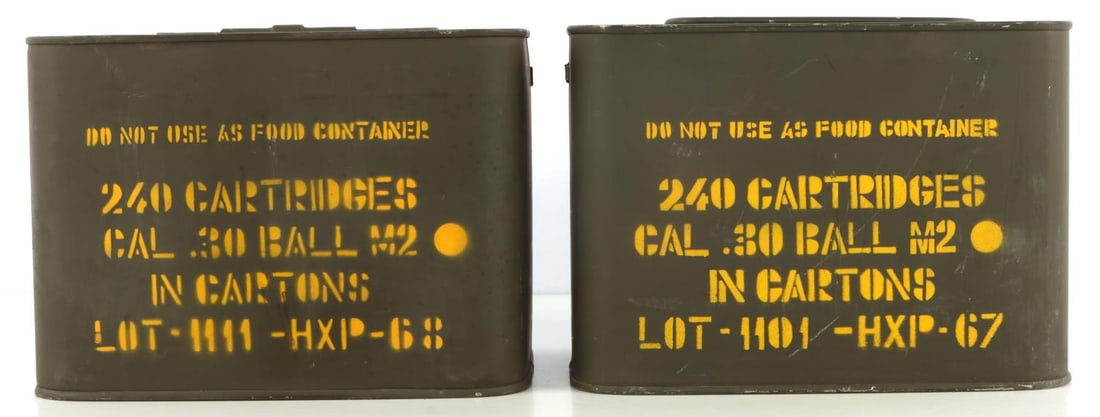 480 ROUNDS OF MILITARY 30 CAL BALL M2 AMMUNITION: Two sealed military cans with 240 rounds each of .30 cal ball M2 ammunition.Total size of each can is 8 X 5.5 X 6 inches. Very good condition. No international shipping.