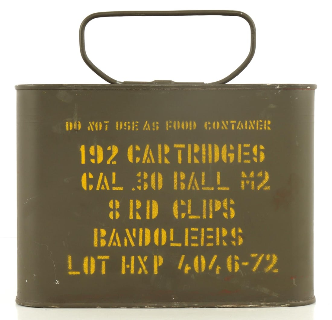 192 ROUNDS OF MILITARY 30 CAL BALL M2 BANDOLEERS: sealed military can with 192 rounds of .30 cal ball M2 ammunition in 8 round bandoleer clips. Total size of can is 8 X 5.5 X 6 inches. No international shipping.