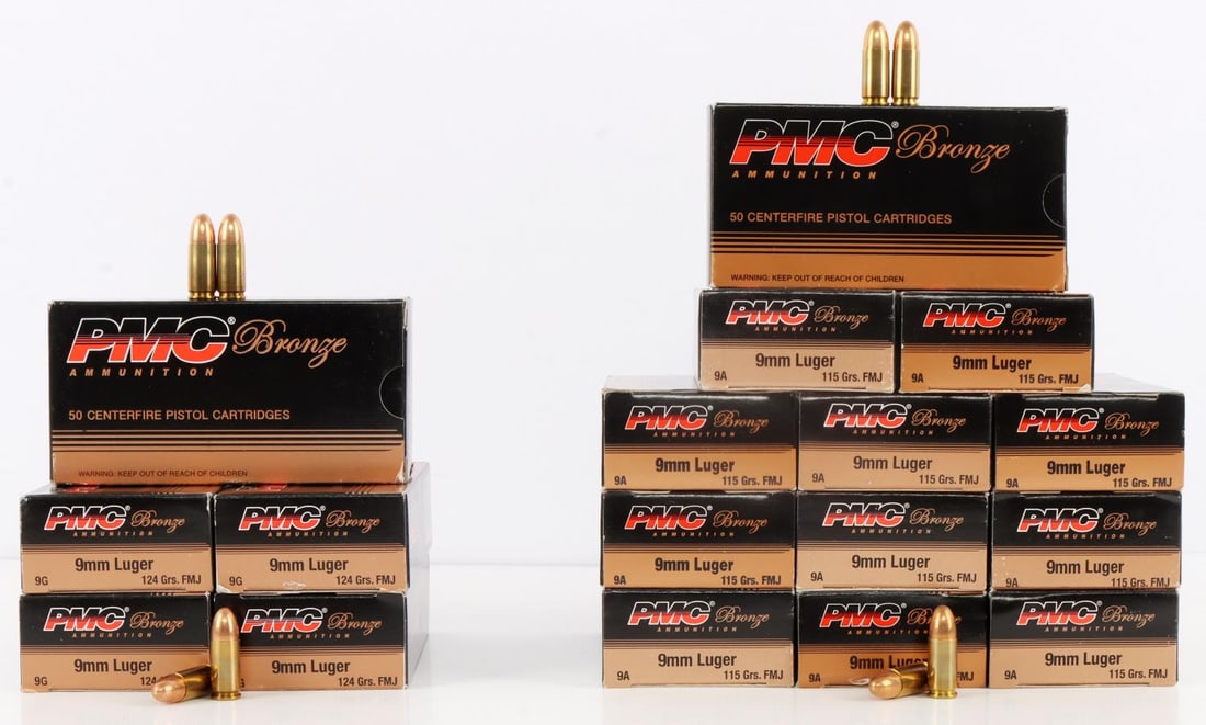 850 ROUNDS 9MM LUGER 124&115 GRAIN PMC BRONZE AMMO: Lot of 17 boxes, including 5 boxes (50 each, 250rds total) 9MM LUGER PMC Bronze Full Metal Jacket 124 Grain, and 12 boxes (50 each, 600rds total) of 9MM LUGER PMC Bronze Full Metal Jacket 115 grain. N