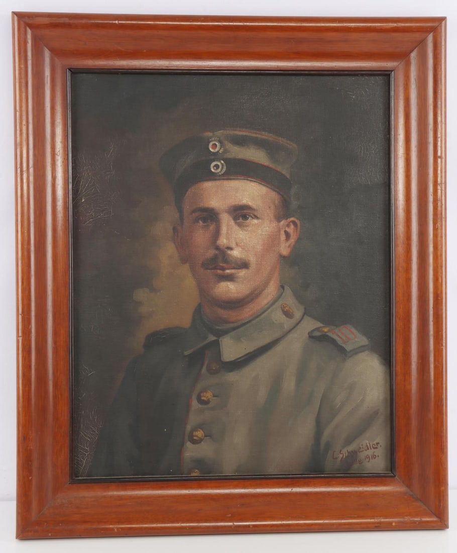 PORTRAIT OF WWI GERMAN SECOND REICH SOLDIER: Painted portrait of German soldier from the First World War. Soldier is wearing shoulder tabs that say '10.' Painting signed in the bottom right by L. Schweidler and dated 1916. 20 X 24 inches. Very g