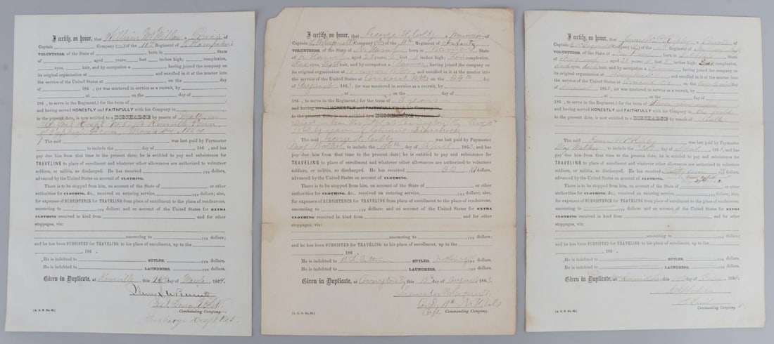 LOT OF 3 CIVIL WAR DISCHARGE DOCUMENTS: Lot of three (3) Civil War discharge documents for the Union Army. 1) A discharge document for James W. P. Ripley of New Hampshire, reason cited for discharge is "Death." 2) A discharge document for W