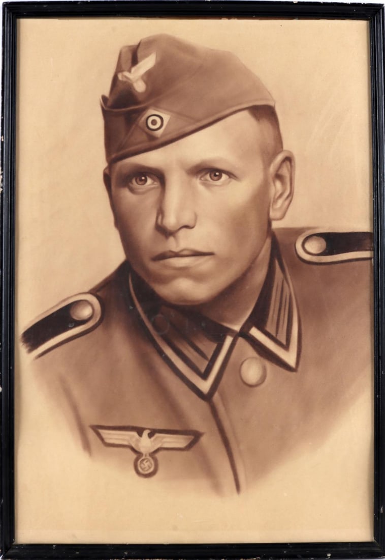 WWII GERMAN THIRD REICH ARMY MEMBER PORTRAIT: Framed charcoal drawing style lithograph of young Army member. Measures 21 X 15 inches total in original black wooden frames. Minor scuffing on wooden frames. Very good condition.
