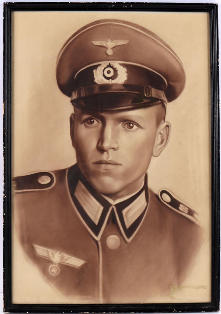WWII GERMAN THIRD REICH LUFTWAFFE MEMBER PORTRAIT: Framed charcoal drawing style lithograph of young Luftwaffe member. Measures 21 X 15 inches total in original black wooden frames. Minor scuffing on wooden frames. Very good condition.