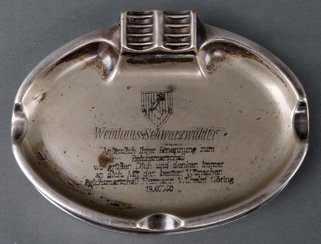 GERMAN THIRD REICH SILVER ASHTRAY ENGRAVED: Silver, engraved, in German. From Hermann Wilhelm Goring. 7/19/40. 6 inches. Unauthenticated, sold as is. Very good condition.