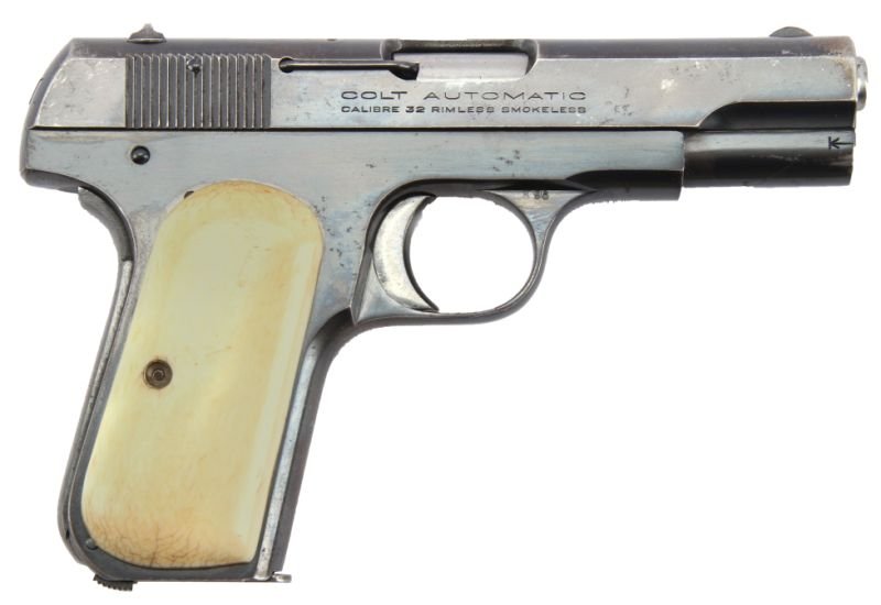 COLT MODEL 1903 POCKET HAMMERLESS TYPE III IVORY: Colt Model 1903 Pocket Hammerless .32 caliber pistol. Type III, manufactured in 1925, with blue finish and ivory grip panels. Correct two tone magazine. "VP" in triangle mark on left side of trigger g